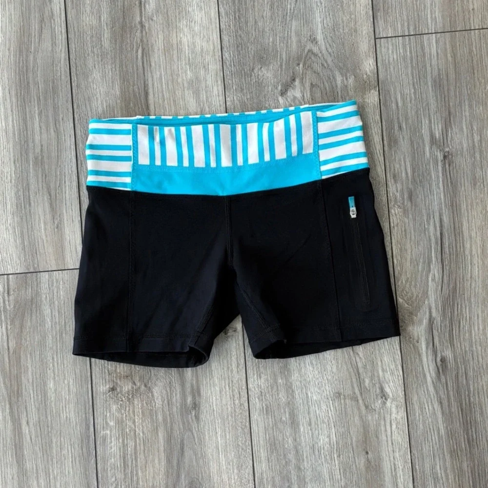 Lululemon Turbo Run‎ Shorts Black Teal Striped Waistband Low Rise Zip Pocket 4